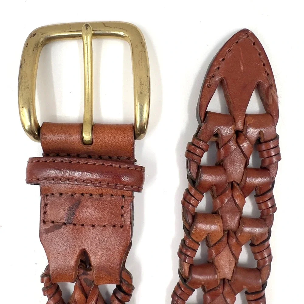 Mens Braided Woven Leather Belt Brown Solid Brass Buckle 36 Vintage 90s